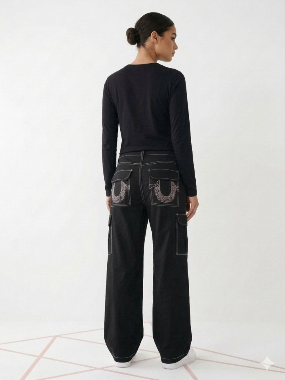 True Religion Black Wide Leg Cargo Jeans with Contrast Stitching